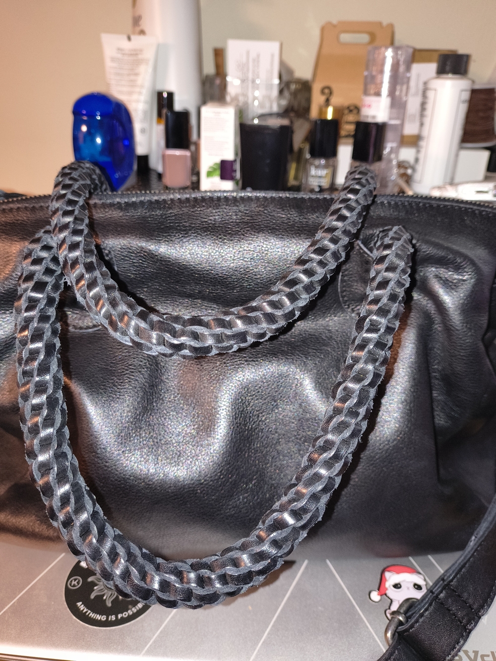Women's Black Braided-Handle Shoulder Tote With Crossbody Strap.